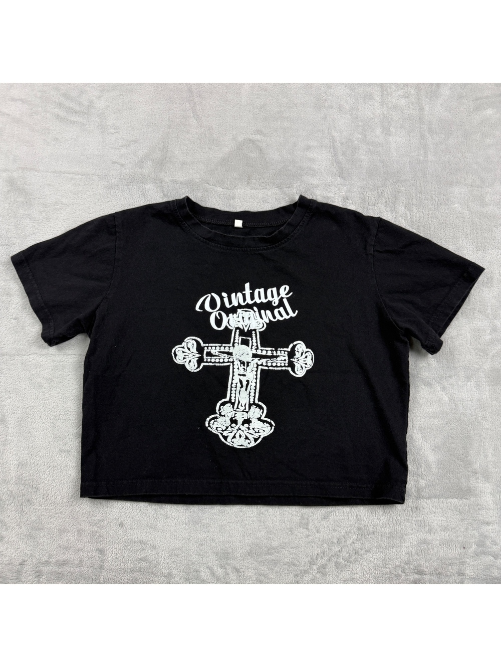 Vintage Original Women Size 3 Black Cross Graphic Cropped T-Shirt Gothic Grunge